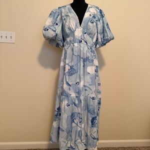 Jessica Simpson Blue Puff Sleeve Plunge Neckline Midi Dress Size Large -  NWT